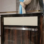 Striped Natural Wood Veneer Nightstand with Woven Leather Accents